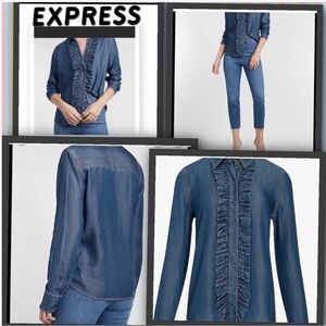 Express Extremely Soft Jean Ruffled Blouse. Brand New Never Worn Snap Buttons